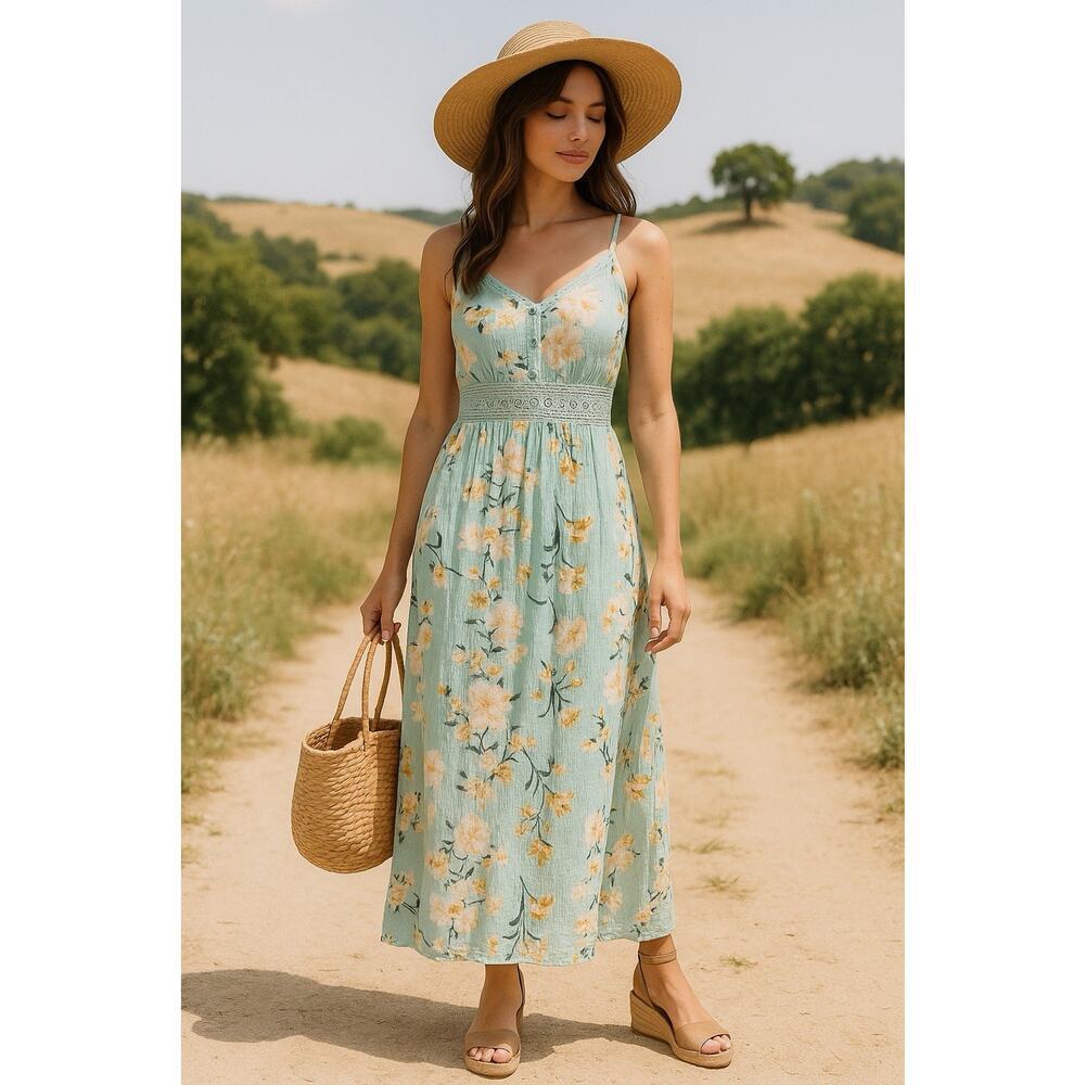 Forever 21 Women’s M Aqua Floral Maxi‎ Dress w/ Sheer Crochet Waist boho beach